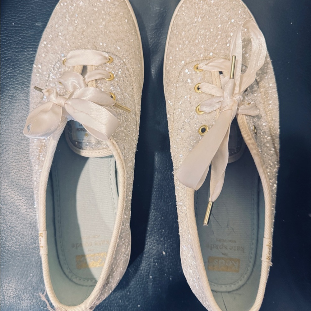 kate spade Glitter Ribbon Lace-Up Sneakers in Champagne